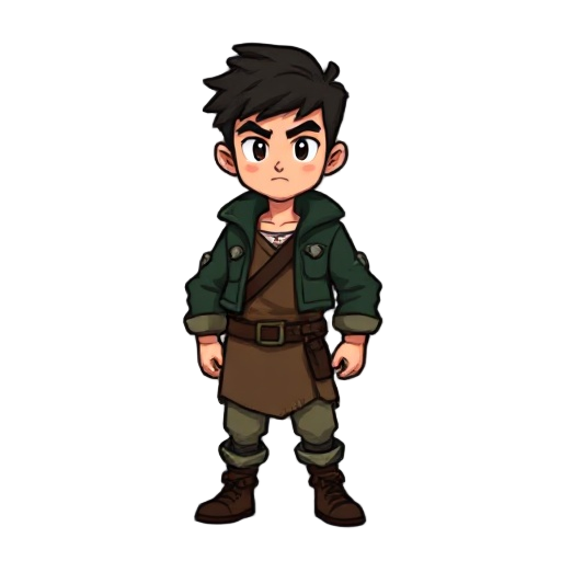 a small, determined pixel hero — 32 pixels tall, standing upright with a bold but scrappy stance. he wears a torn, dark green jacket layered over a muted brown tunic, faded from time and battles. his