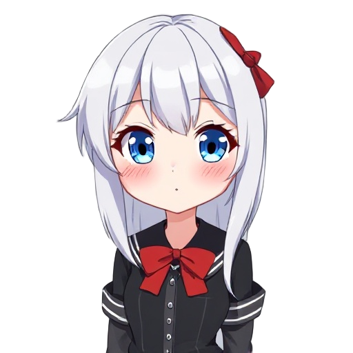 a young, anime-style female, likely in her early teens, with light skin, and long, silver hair adorned with a red bow. her captivating, azure eyes exhibit a delicate blush on her cheeks, conveying a hint of shyness or surprise. she wears a black and gray 