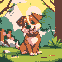 pixel art style scene with adorable pet dog