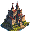 uma cidade medieval com montanhas e riacho 