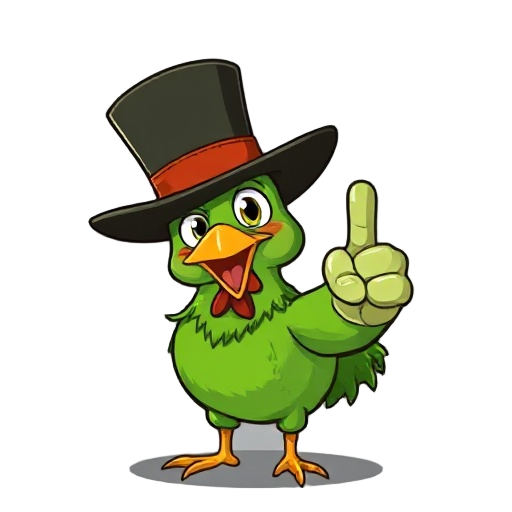 a green chicken with a top hat giving the middle finger 
