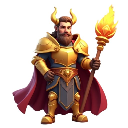 mage in golden armor with cape holding scepter