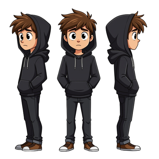 a teen male with brown hair, black jeans, brown shoes, and a black hoodie, he has black eyes, hood over his head, he has a scared and worried look in give face.