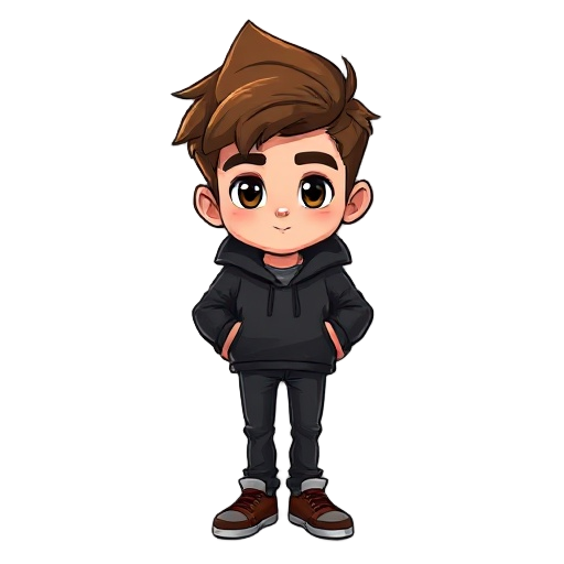 a teen male with brown hair, black jeans, brown shoes, and a black hoodie, he has black eyes,