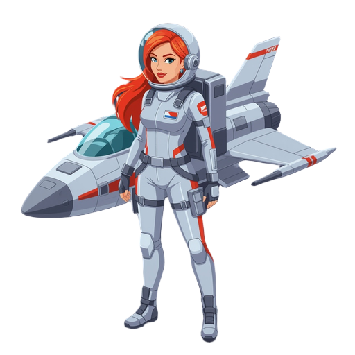spaceship pilot, woman, red long hair, space suit, pilot, space helmet, space backpack, attractive