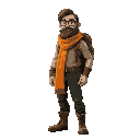  archeologist man, long hair and tick beard, orange scarf, dark green pant, boots, backpack, glasses