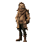  archeologist man, long hair, tick beard, beige shirt, long jacket, orange scarf, dark green pant, boots, backpack, glasses