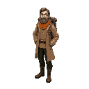  archeologist man, long hair, tick beard, beige shirt, long jacket, orange scarf, dark green pant, boots, backpack, glasses