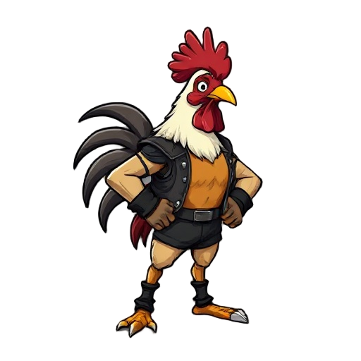 a humanoid rooster in rocker's clothing, strong, inspired by street of rage and beat em up games. 