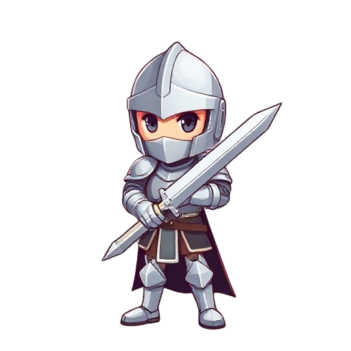 create a cute chibi-style medieval knight standing proudly with a large sword. the knight is wearing shiny silver armor and a helmet 