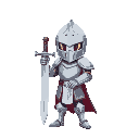 create a cute chibi-style medieval knight standing proudly with a large sword. the knight is wearing shiny silver armor and a helmet 