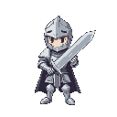 cute chibi-style medieval knight standing proudly with a large sword. the knight is wearing shiny silver armor and a helmet 