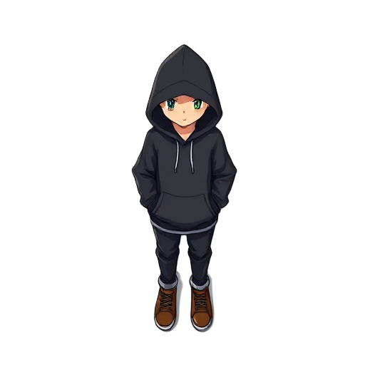 pokemon zafiro like charater, wearing black hoodie, black pants, brown shoes