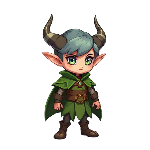 little horned elf, with glowing eye and horn, with a leaf cape