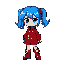  "pixelated girl with vibrant blue hair in pigtails, wearing a red coat with gold buttons and matching boots. white face with expressive eyes, 8-bit retro style. agile and brave character, perfect for