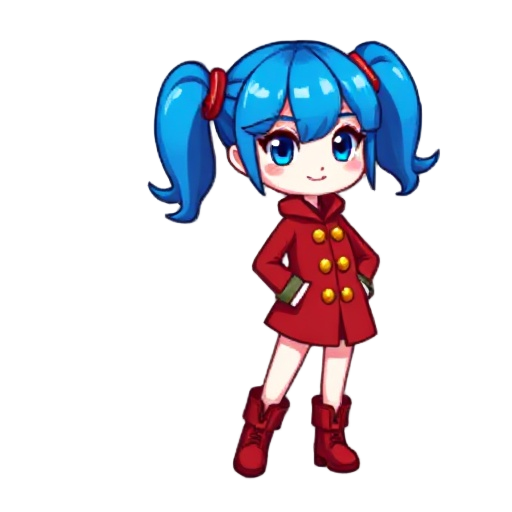"pixelated girl with vibrant blue hair in pigtails, wearing a red coat with gold buttons and matching boots. white face with expressive eyes, 8-bit retro style. agile and brave character, perfect for 