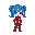 "pixelated girl with vibrant blue hair in pigtails, wearing a red coat with gold buttons and matching boots. white face with expressive eyes, 8-bit retro style. agile and brave character, perfect for 
