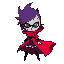 a swift, mysterious girl with spiky violet hair, glowing green eyes behind a cracked white mask, and a red coat fluttering with motion. agile and silent, she radiates hidden power and intent.