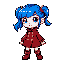 "pixelated girl with vibrant blue hair in pigtails, wearing a red coat with gold buttons and matching boots. white face with expressive eyes, 8-bit retro style. agile and brave character, perfect for 