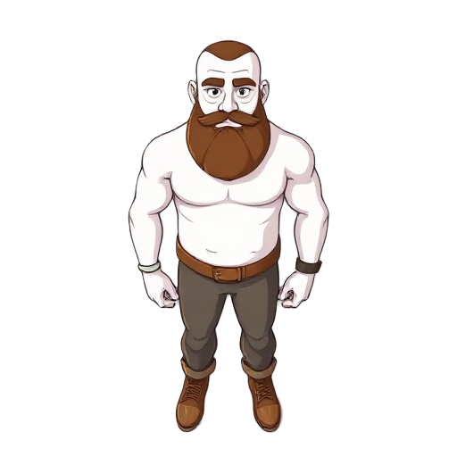 white skin guy bold with a beard brown pantines