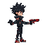 a character side-view, with black spiky hair, cyberpunk themed, with two blasters on his foreamrs forearm 