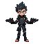 a character 3/4-view, with black spiky hair, cyberpunk themed, with two blasters on his foreamrs forearm 