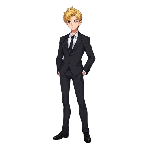 male, blonde, tight, black suit, white shirt