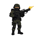 flamethrower enemy soldier belonging to the same militarized faction as a standard grunt unit. he wears the same dark olive-green combat uniform and black body armor, but with heavier padding and a re