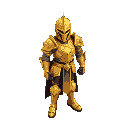 a pixel art depiction of a majestic knight clad in ornate golden armor, standing in a commanding pose. the knight's armor features intricate details with highlights and shadows suggesting a 3d effect.