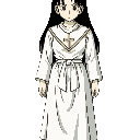 anime dragon ball z generic character. front-facing full-body beatiful female priest, long black hair, 30 years old, wearing white robes, looking directly to the camera, neutral light, centered, no background.