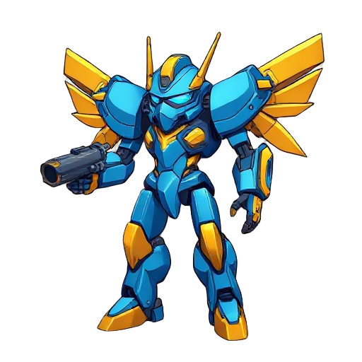 blue and gold mech with metal wings and a arm cannon. 
