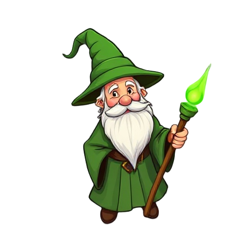 a cheerful green wizard inspired by gandalf, wearing a tall pointed green hat and a flowing green robe. he has a long white beard, a wooden staff glowing faintly with green magic, and a friendly expre