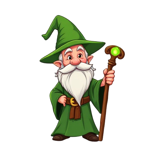 a cheerful green wizard inspired by gandalf, wearing a tall pointed green hat and a flowing green robe. he has a long white beard, a wooden staff glowing faintly with green magic, and a friendly expre