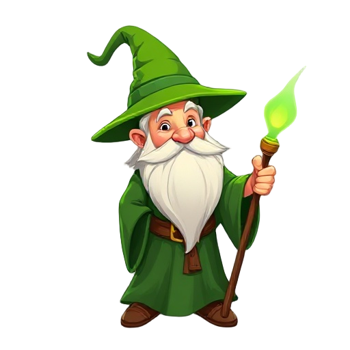 a cheerful green wizard inspired by gandalf, wearing a tall pointed green hat and a flowing green robe. he has a long white beard, a wooden staff glowing faintly with green magic, and a friendly expre
