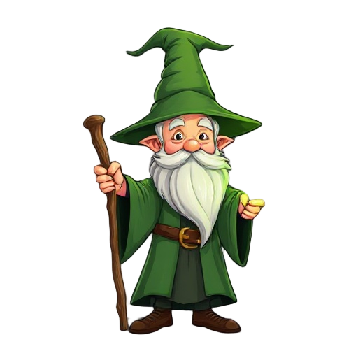 a cheerful green wizard inspired by gandalf, wearing a tall pointed green hat and a flowing green robe. he has a long white beard, a wooden staff glowing faintly with green magic, and a friendly expre