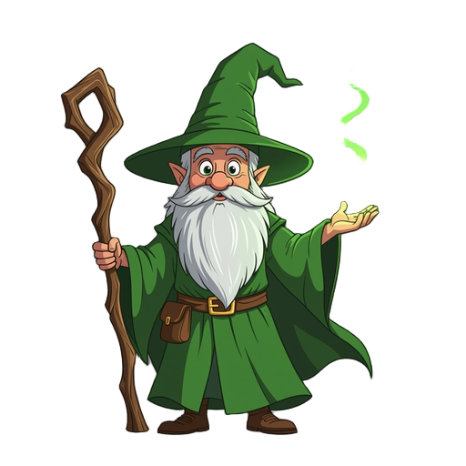 a cheerful green wizard inspired by gandalf, wearing a tall pointed green hat and a flowing green robe. he has a long white beard, a wooden staff glowing faintly with green magic, and a friendly expre