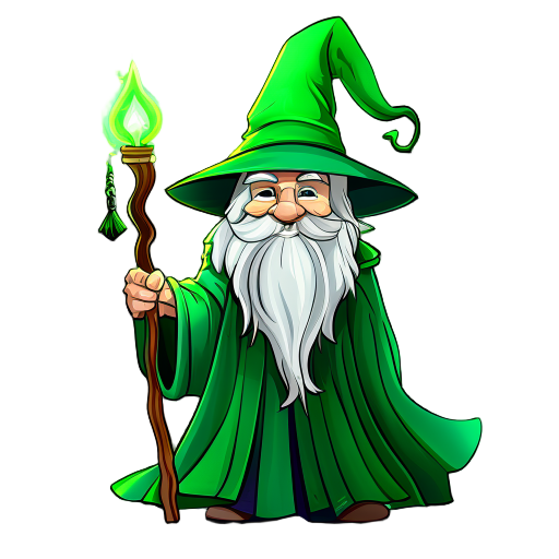 a cheerful green wizard inspired by gandalf, wearing a tall pointed green hat and a flowing green robe. he has a long white beard, a wooden staff glowing faintly with green magic, and a friendly expre