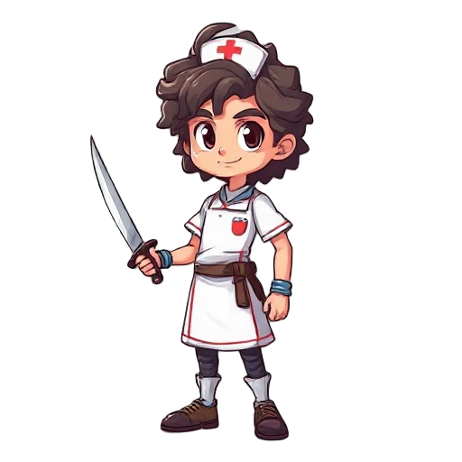 a curly hair guy who is a nurse holding a dagger