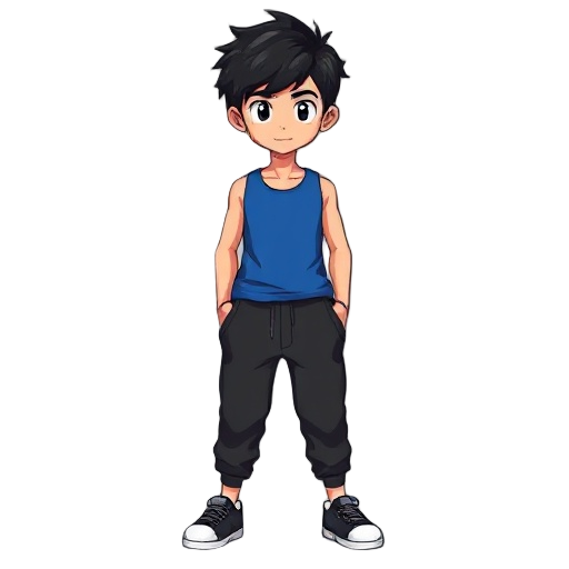boy with black hair,  blue tank top, and black sweatpants