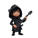 generate guy that curly really darkhair. his gun is bass guitar. his clothes are black and he has looong blouse with hood on half of his head