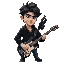 generate guy that curly really darkhair and with black cardigan. his gun is guitar