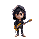 generate skinny guy with dishevelet darkhair with black looong hoodie on head. he looks unamused has violet headphones and gold andblack guitar and gun