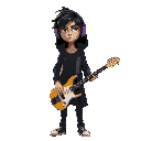 generate skinny guy with dishevelet darkhair with black long cardigan with hood on head. he looks unamused has violet headphones and gold andblack guitar and gun
