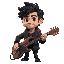 generate guy that curly really darkhair and with black cardigan a little bit on his head. his gun is bass guitar. 