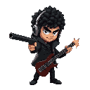 generate guy that curly really darkhair. his gun is bass guitar and he shoots in me. his clothes are black and he has looong blouse with hood on head. he looks dangerous and has head phone