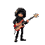 generate guy that curly really darkhair. his gun is bass guitar. his clothes are black and he has looong blouse with hood on his head