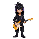generate skinny guy with dishevelet darkhair with black knee-length cardigan with hood on head. he looks unamused has violet headphones and gold andblack guitar and gun