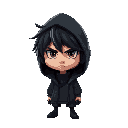 generate guy with dishevelet darkhair with black looong hoodie on head. he looks dangerous and has headphones