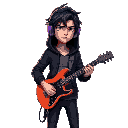 generate skinny guy with dishevelet darkhair with black looong hoodie on head. he looks unamused has violet headphones and guitar and gun