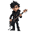 generate guy that curly really darkhair. his gun is bass guitar. his clothes are black and he has looong blouse with hood on half of his head